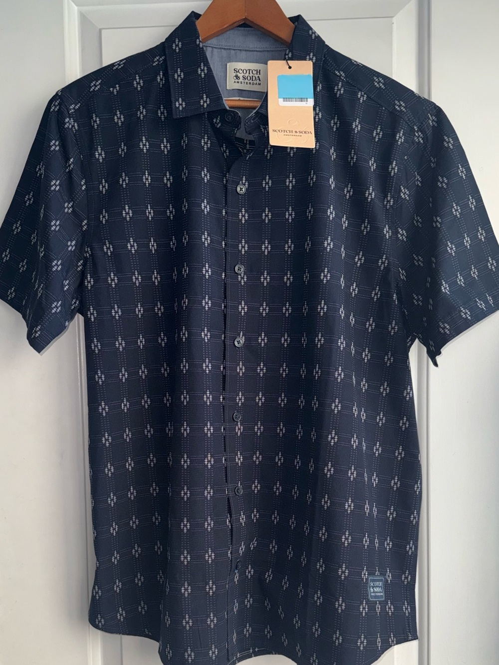Scotch & Soda NWT Yarn Dye Geometric Patterned Button-Down in “Sky Captain” Blue